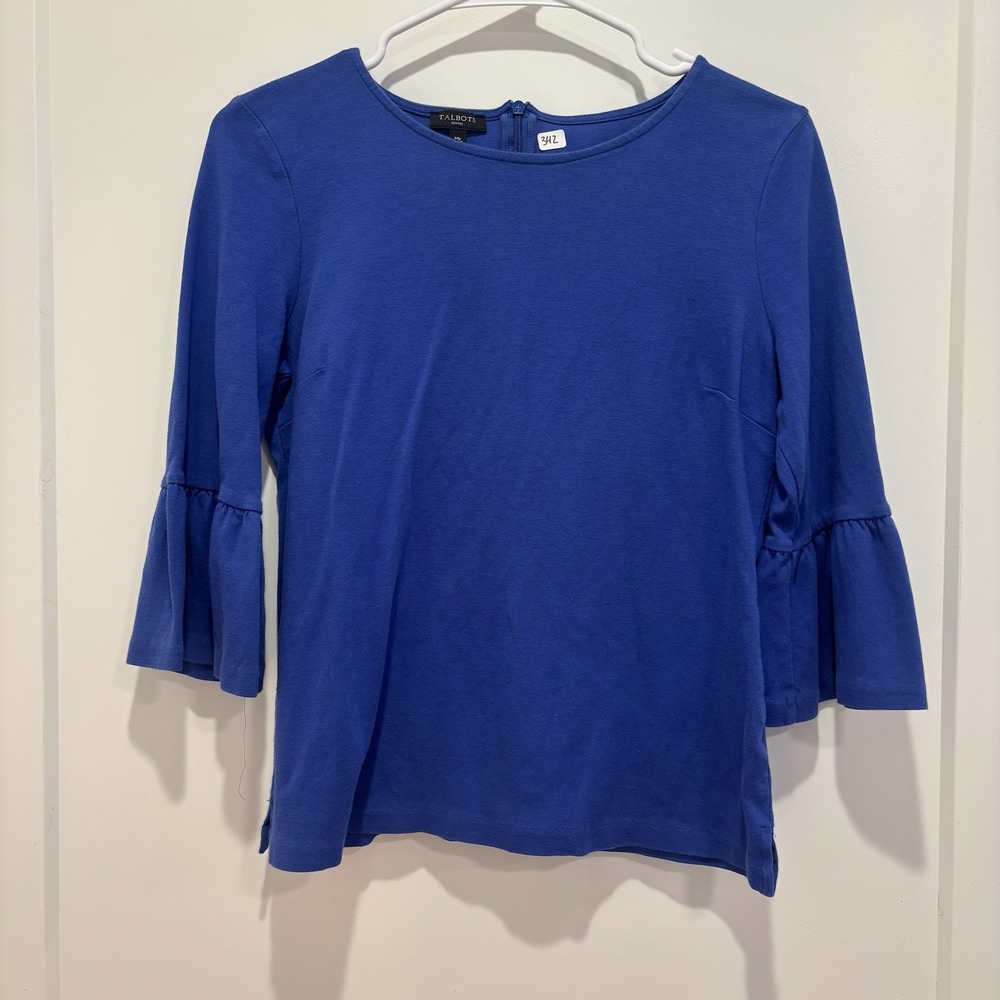 Talbots Petites Royal Blue Ruffle Bell Sleeve Knit Top‎ Back Zip Blouse MP
